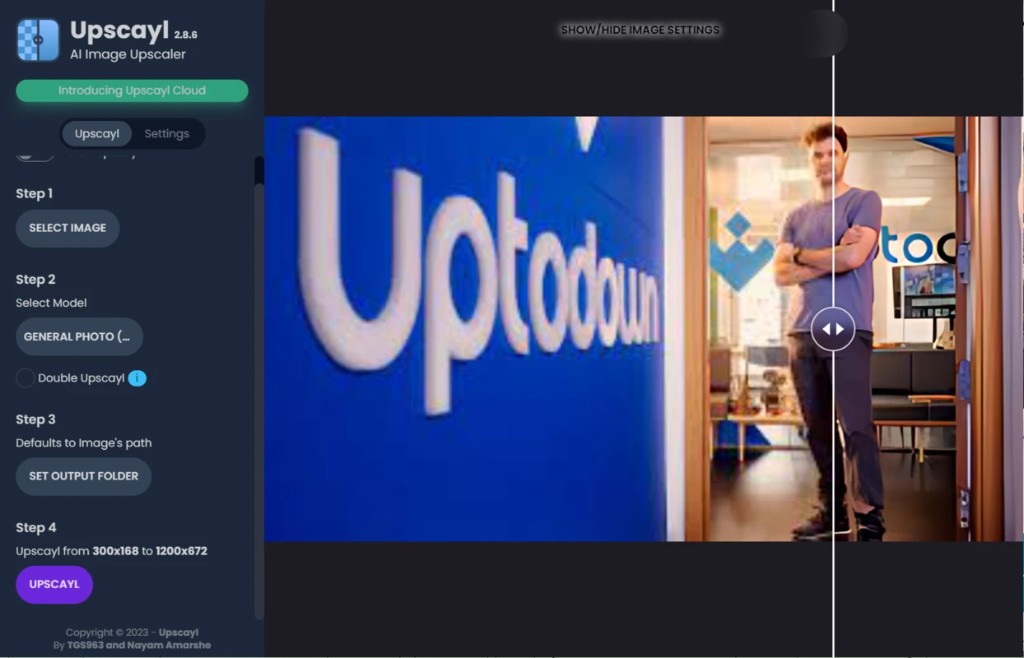 Interactive before-and-after preview pane with draggable comparison divider